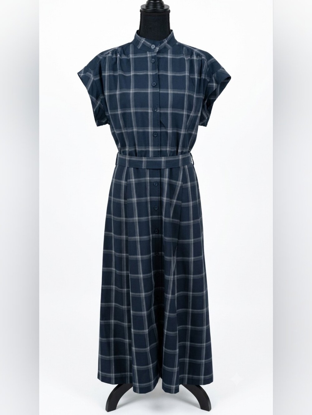 Calvin Klein Womens Size 8 Navy Blue Plaid Belted Midi Shirtdress - Picture 3 of 15